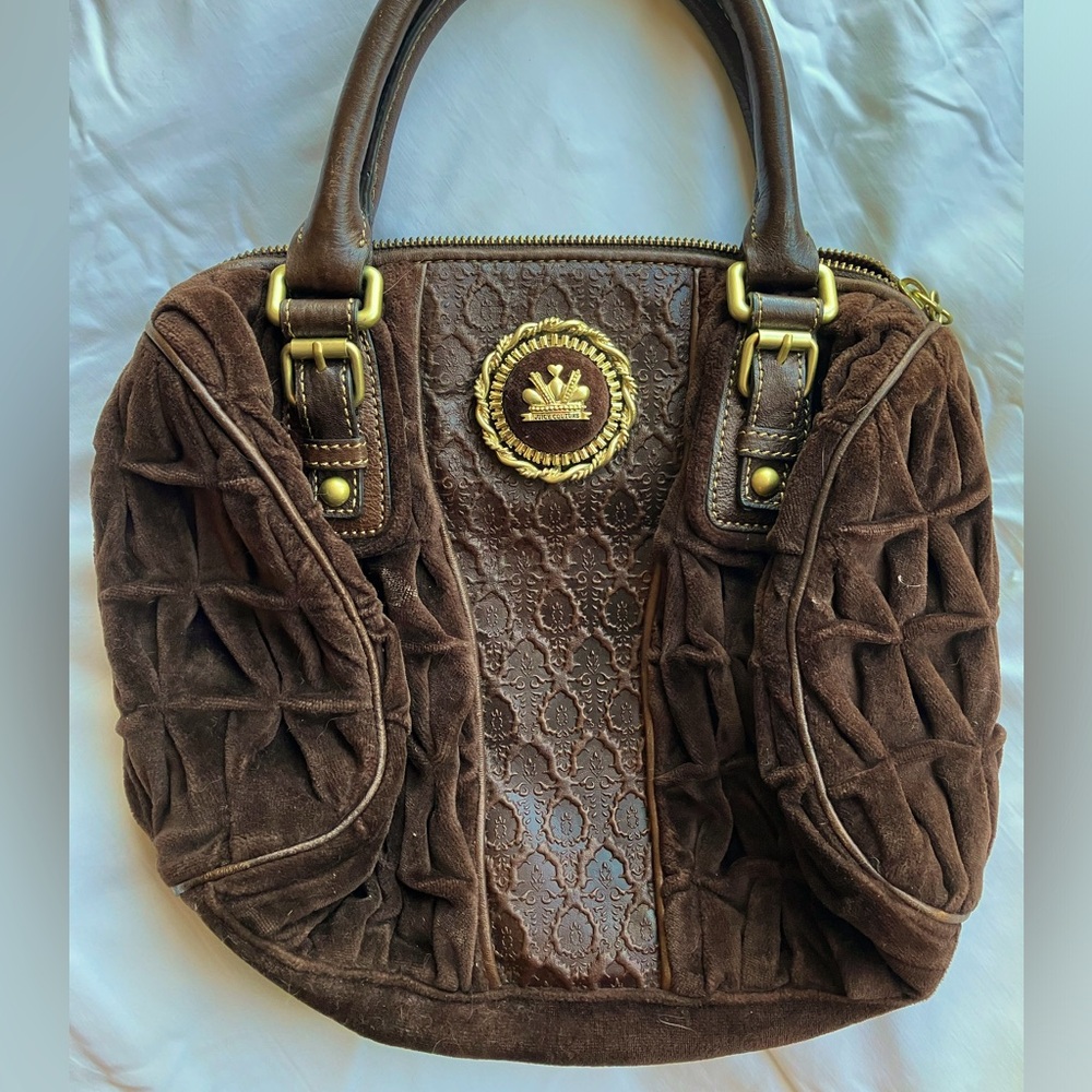 Vintage Juicy Couture Brown VELVET & LAMB LEATHER Royal Crown Crest Handbag